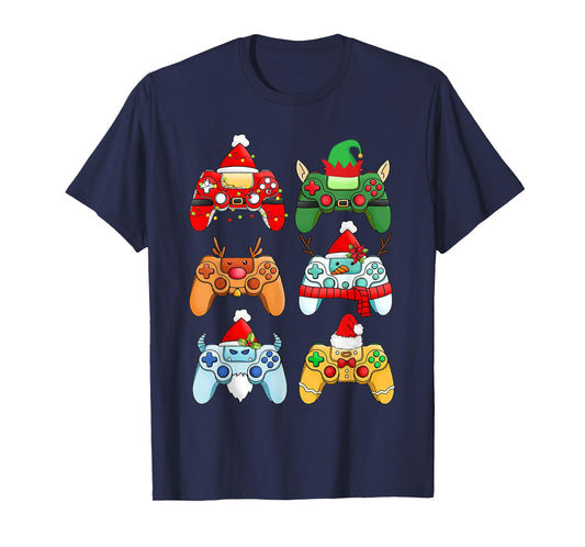 Video Game Christmas Controller Xmas Gamer Santa Hat Boys T-Shirt
