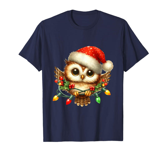Owl Christmas Lights Santa Hat Xmas Owl Lover T-Shirt