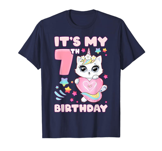 Birthday girl 7 years old, cat, unicorn, 7th birthday T-Shirt