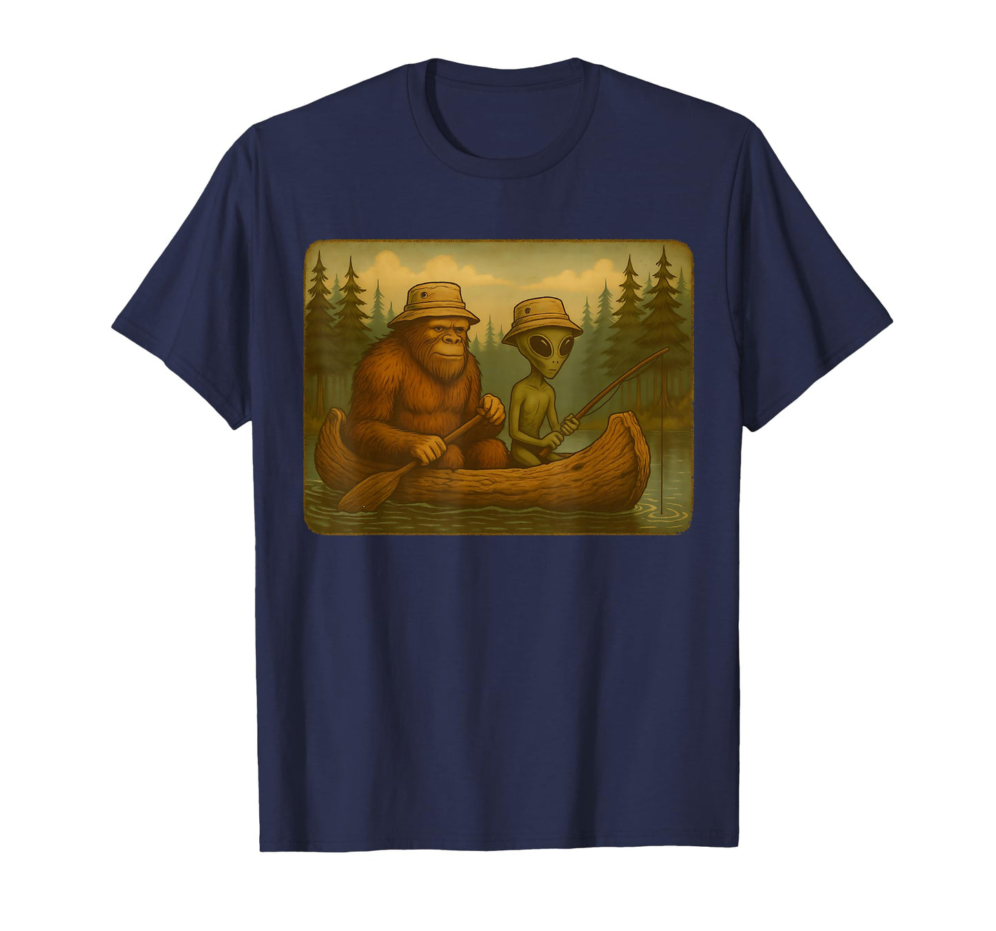 Bigfoot Alien Fishing Design Men Boys Sasquatch Fishing T-Shirt