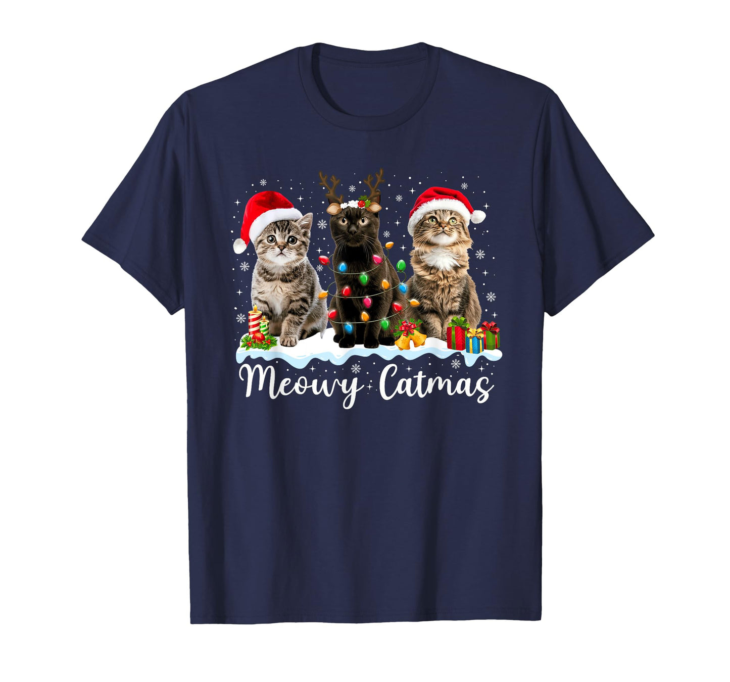 Meowy Catmas Cat Christmas Lights Xmas Pajamas Cat Lover Men Women Kids T-Shirt