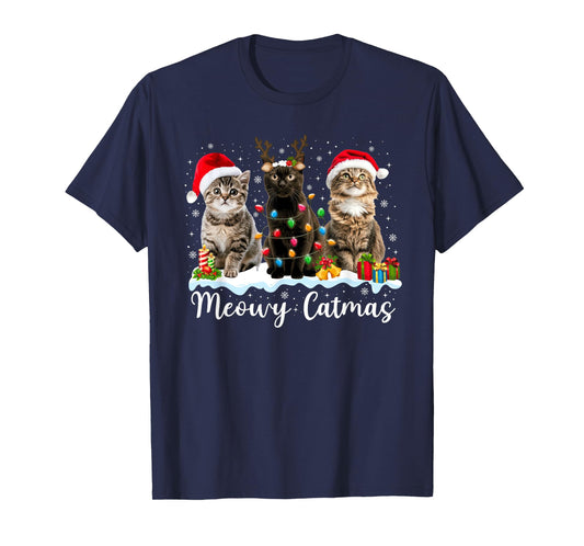 Meowy Catmas Cat Christmas Lights Xmas Pajamas Cat Lover Men Women Kids T-Shirt