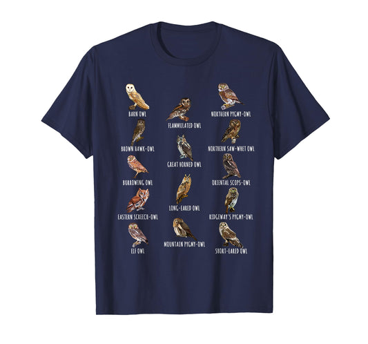 Different Owls Species Biology Types Of Owl Identification T-Shirt