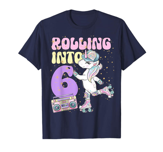 6th Birthday Roller Skate Party Unicorn Retro 90s Skating T-Shirt