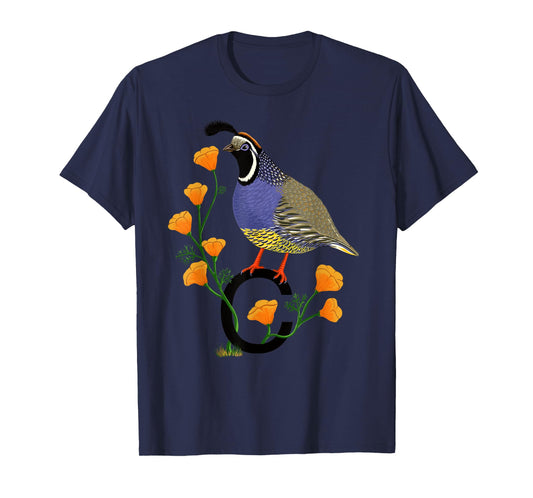 California Quail State Bird Californian Poppy Flowers T-Shirt
