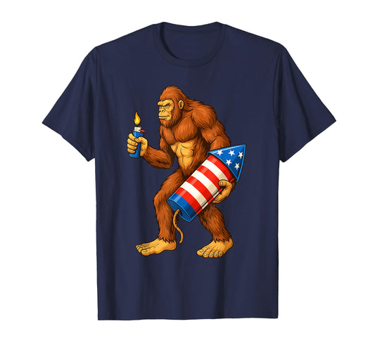 Bigfoot Fireworks 4th of July Men Sasquatch American Flag US T-Shirt