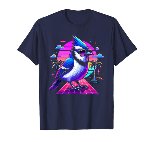 Cool Blue Jay Bird 80s Retrowave 90s Vaporwave Blue Jay Bird T-Shirt