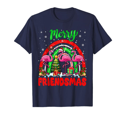 Merry Christmas Friends Three Santa Flamingos Rainbow T-Shirt