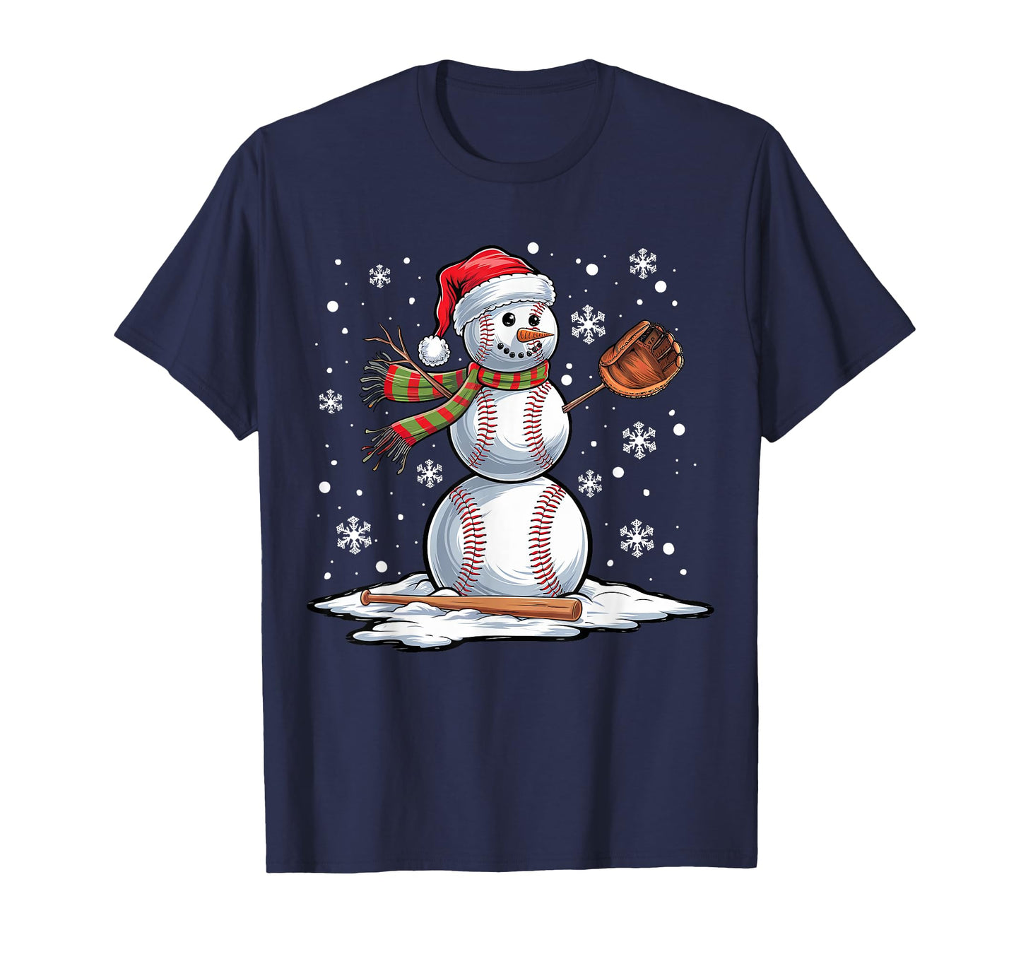 Baseball Snowman Baseball Player Santa Hat Christmas Funny T-Shirt