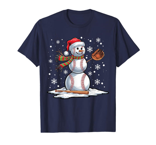 Baseball Snowman Baseball Player Santa Hat Christmas Funny T-Shirt
