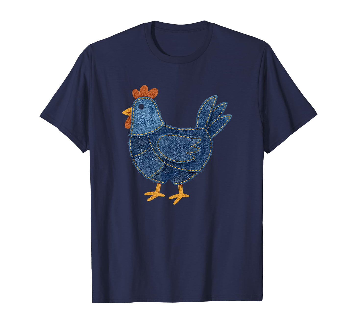Retro Chicken Patch Print Denim Patchwork Art T-Shirt