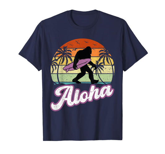 Aloha Bigfoot Cradling Surfboard Sasquatch in Hawaii Vintage T-Shirt