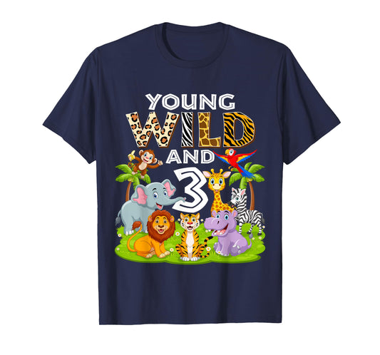 Young Wild and 3 Zoo 3rd Birthday Animals Jungle Safari Kids T-Shirt