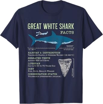 Great White Shark Facts Educational Shark Lover Sharks Tooth T-Shirt