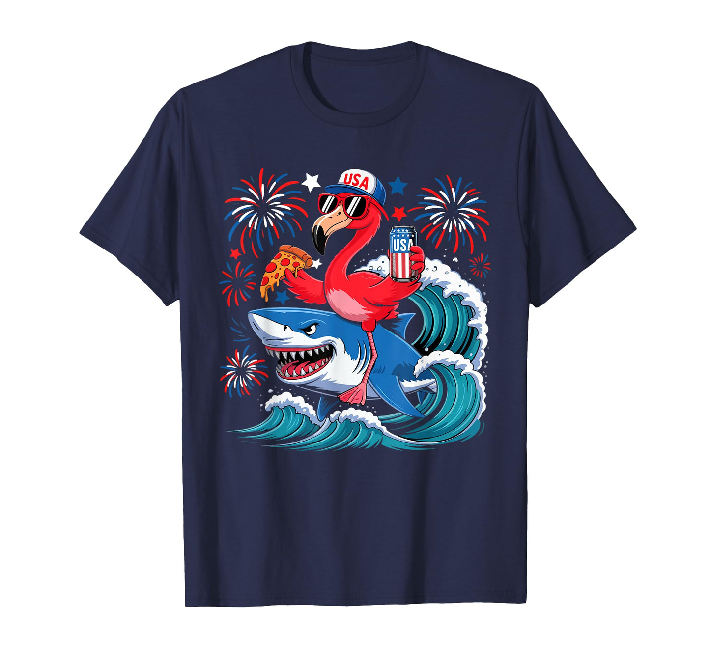 Flamingo Riding Shark With Beer Pizza 4th Of July Patriotic T-Shirt
