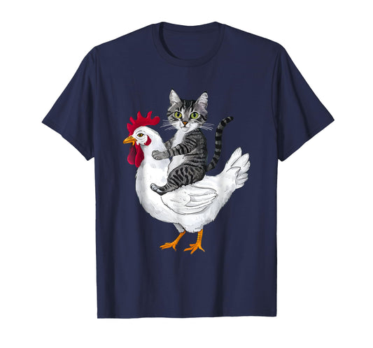 Funny Cat Riding Chicken T-Shirt for Men Women Girls Kids