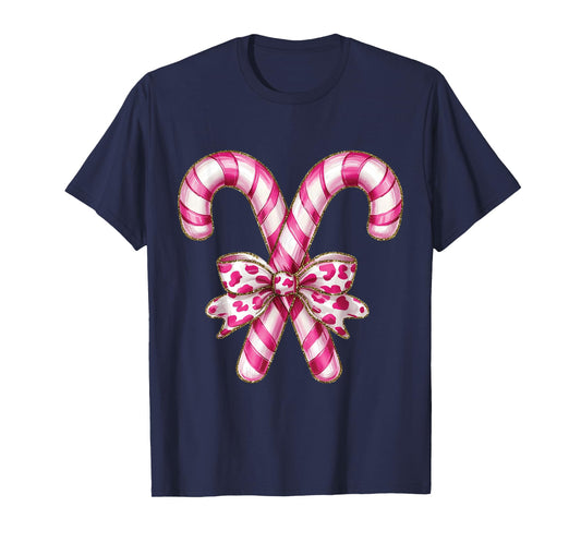 Christmas Candy Cane Coquette Bow Xmas Holiday Women Girls T-Shirt