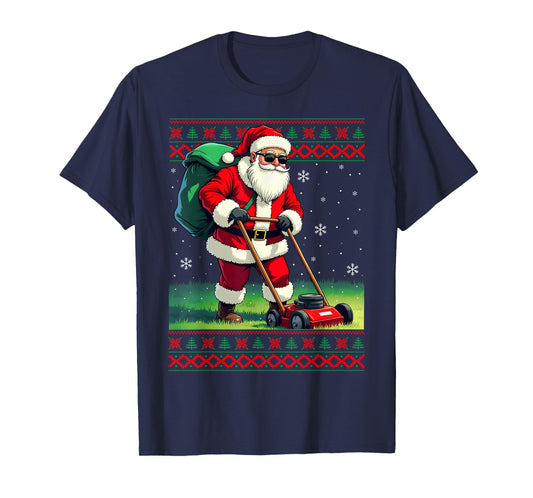 Santa Claus Mowing Lawn Ugly Christmas Holiday Boys Men T-Shirt