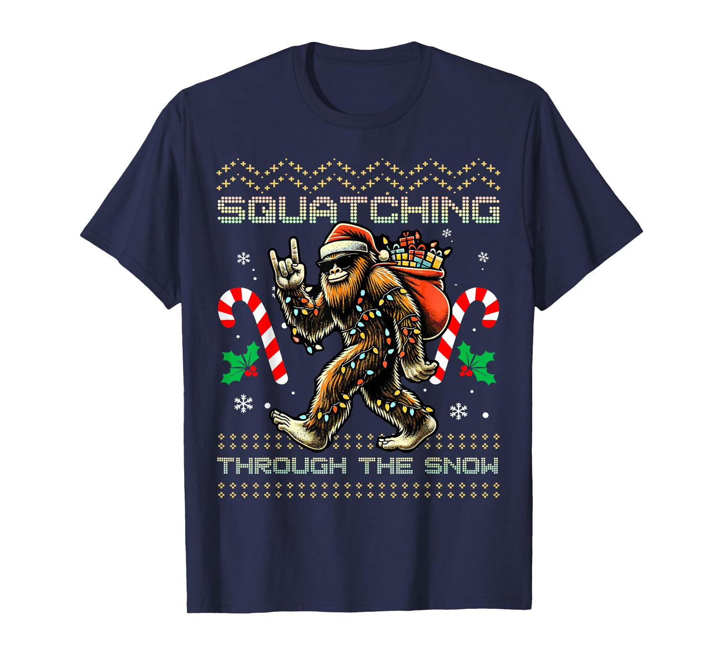 Squatching Through The Snow Squatch Rock Bigfoot Christmas T-Shirt