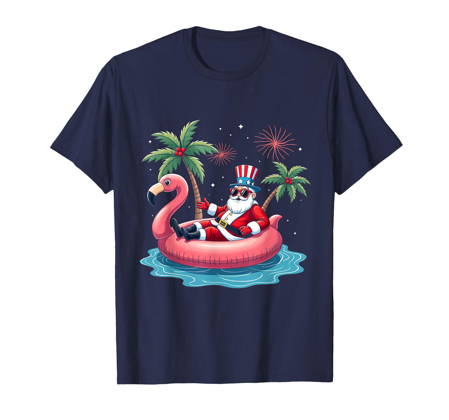 Santa Flamingo Pool Float Summer Christmas 4th of July Xmas T-Shirt