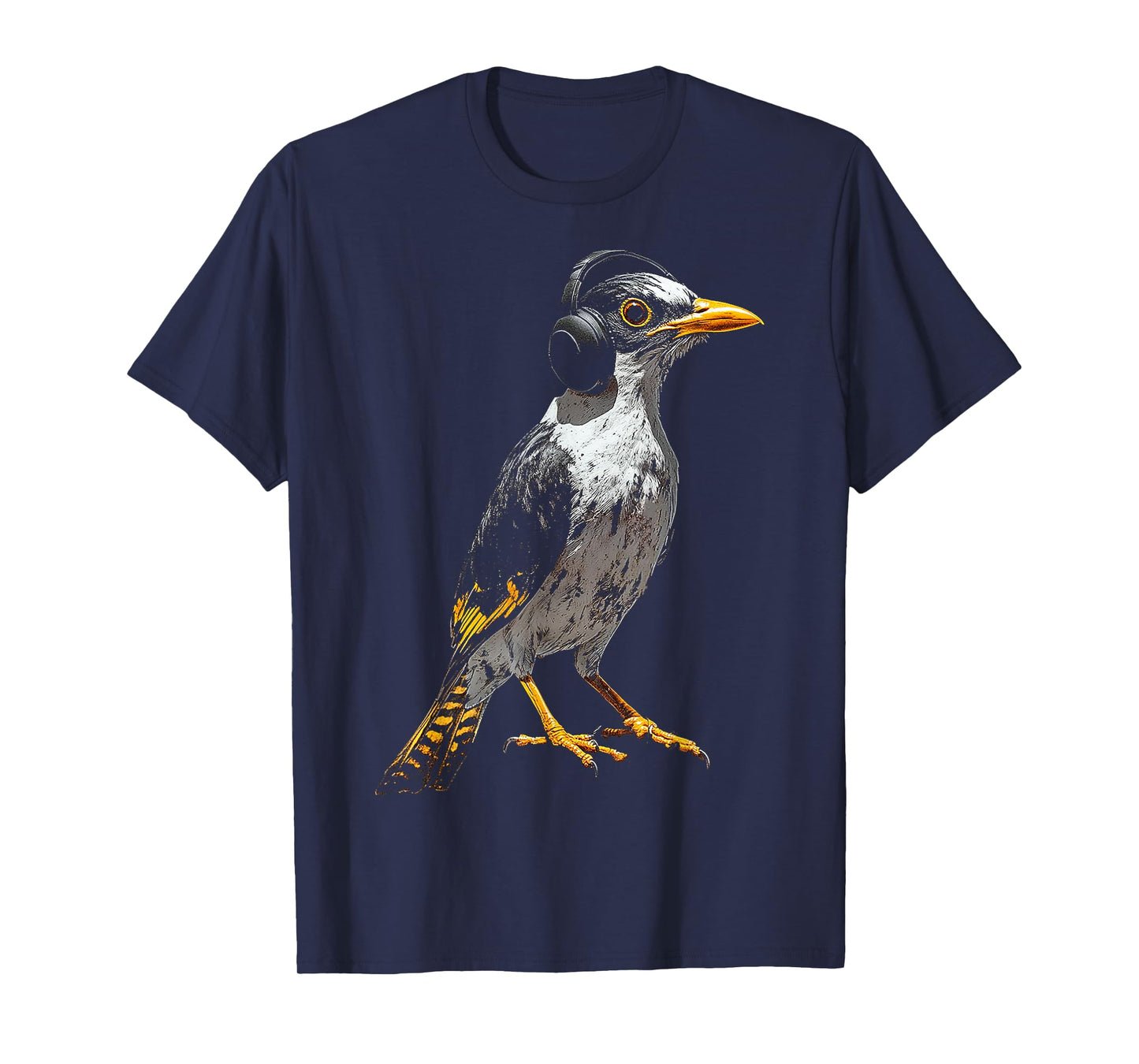 Myna Bird Motif Animal Illustration Music Headphone Myna T-Shirt