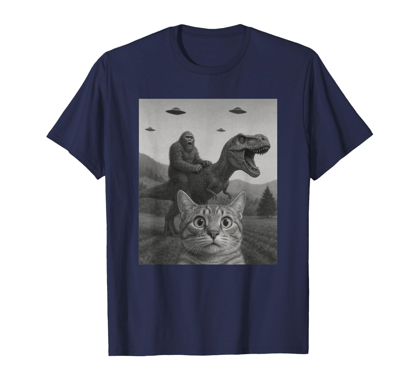 Cat Selfie with Bigfoot Riding T-rex Dinosaur Alien UFO T-Shirt