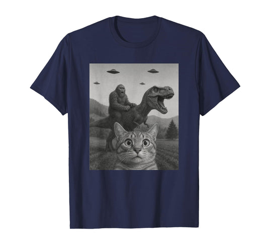 Cat Selfie with Bigfoot Riding T-rex Dinosaur Alien UFO T-Shirt