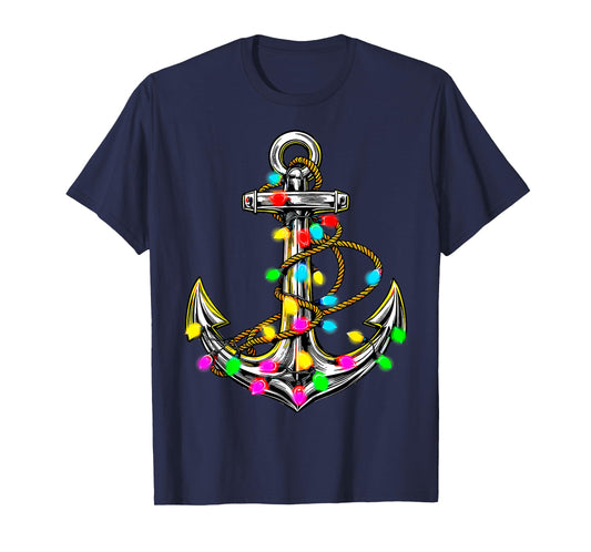 Anchor Christmas Tree Lights Sailor Boat Captain Xmas Tee T-Shirt