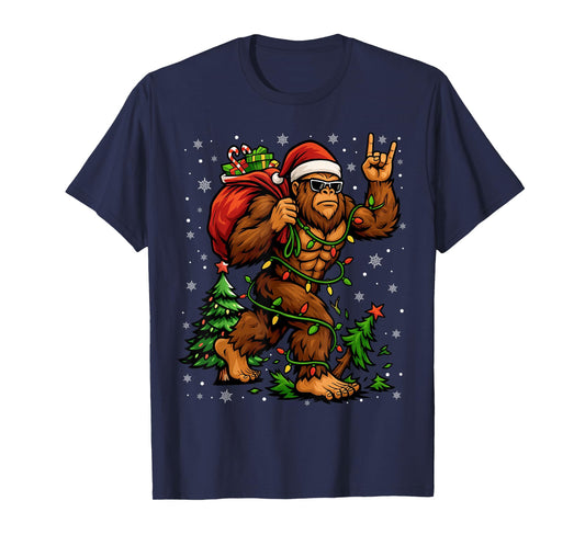 Santa Bigfoot Christmas Tree Xmas Lights Funny Sasquatch Men T-Shirt