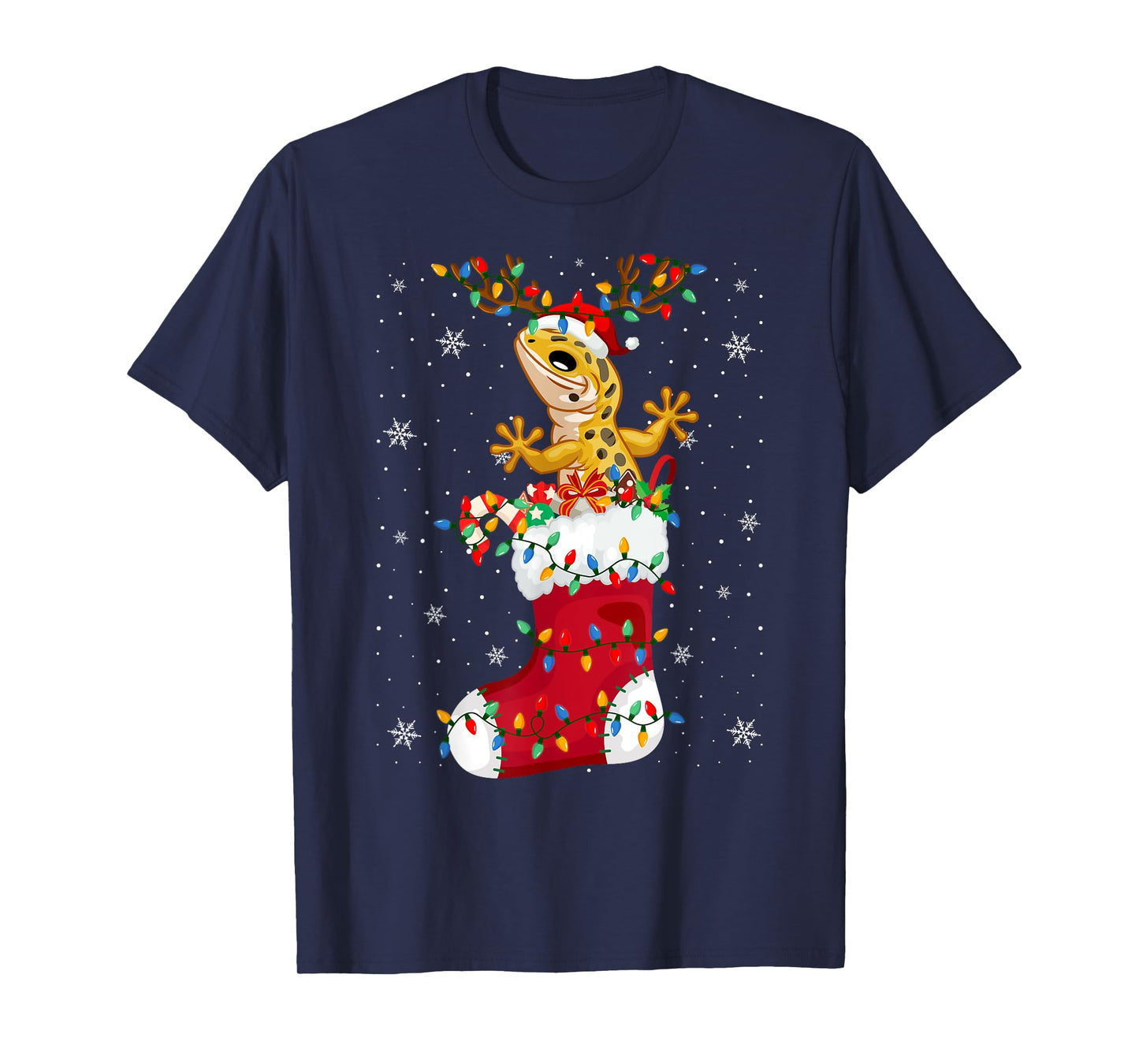 Santa Hat Leopard Gecko Animal In Socks Xmas Tree Lights T-Shirt
