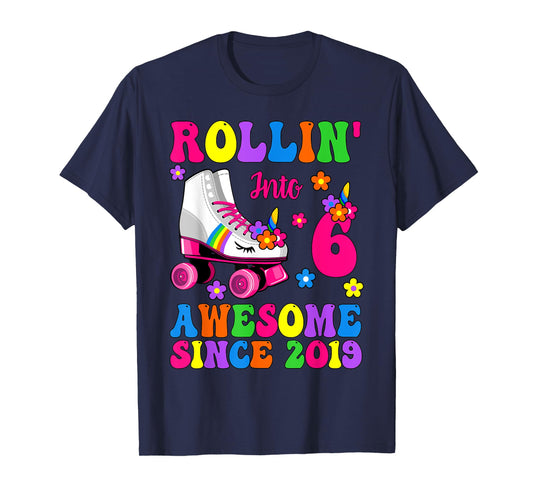 Rolling Into 6 Awesome Since 2019 Unicorn Skate 6th Birthday T-Shirt
