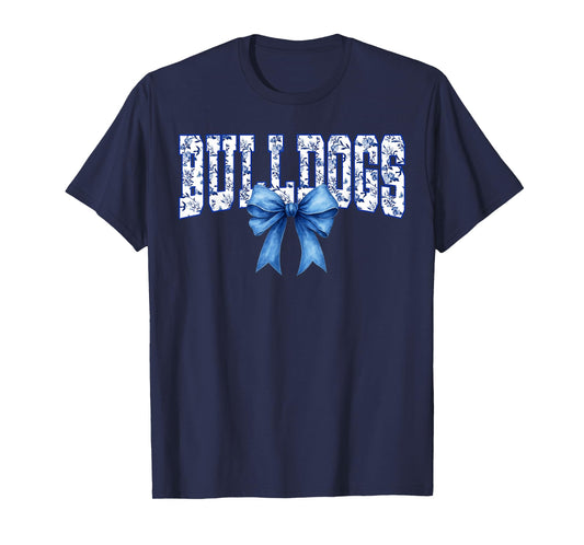 Bulldogs Floral Toile Royal Blue Watercolor Coquette Bow T-Shirt