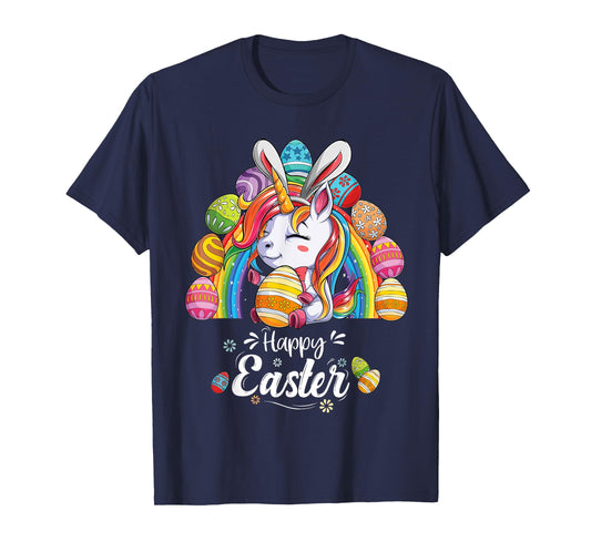 Unicorn Happy Easter Day bunny Rainbow egg Girls Kids T-Shirt