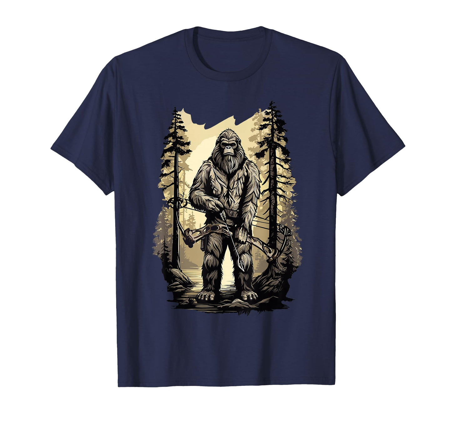 Bow Hunting Bigfoot, Funny Bow Hunting Sasquatch T-Shirt, Black, Unisex-Adults, Small, Short Sleeve, Classic Fit, Cotton, Polyester