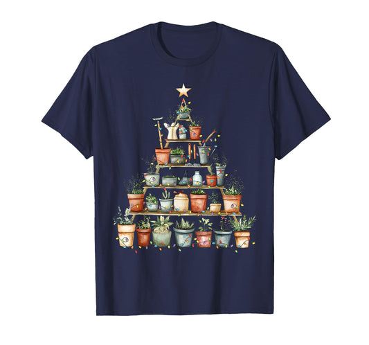 Potted Plant Christmas Tree Lights Gardening Gardener Xmas T-Shirt