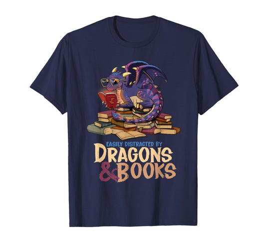 Easily Distracted By Dragons And Books Dragon Book Lover T-Shirt
