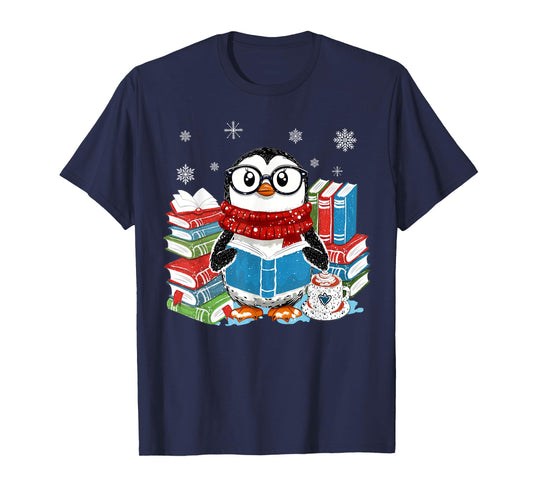Christmas A Penguin Reading Book Snowflake Cocoa Hot Teacher T-Shirt