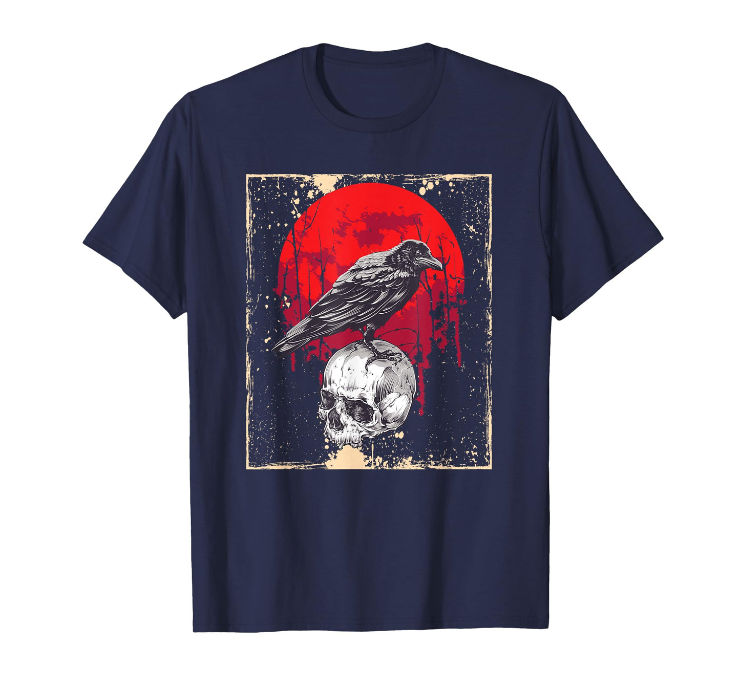 Gothic Raven Skull Red Moon Black Crow T-Shirt