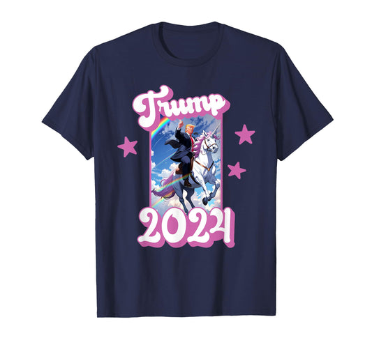 Funny Donald Trump Riding an Unicorn. Pink Trump 2024 Girl T-Shirt