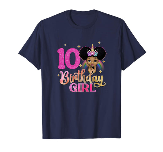 10th Birthday Girl Afro Melanin Unicorn Princess 10 Yrs Old T-Shirt