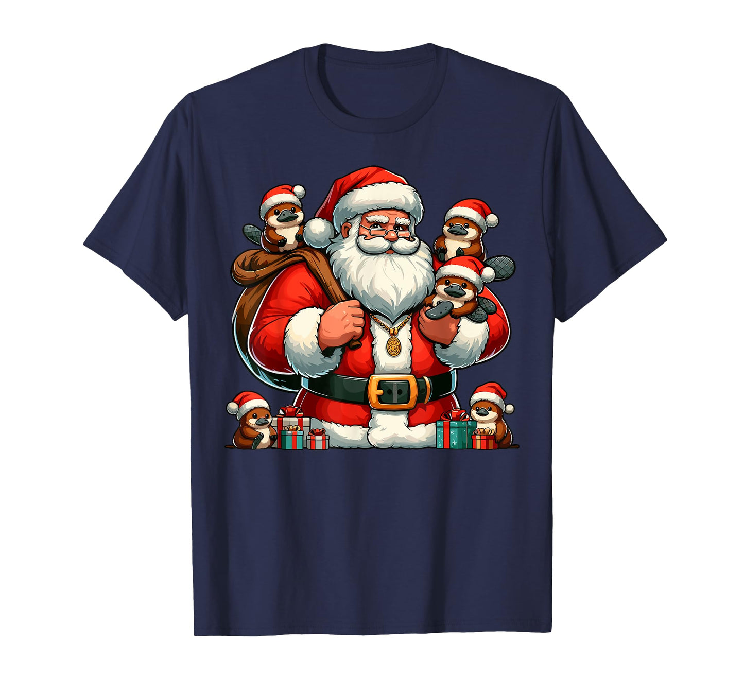 American Santa Claus Holding Platypus Present Xmas T-Shirt