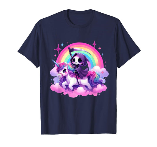 Funny Humor Rainbow Gothic Grim Reaper Riding Unicorn Kids T-Shirt