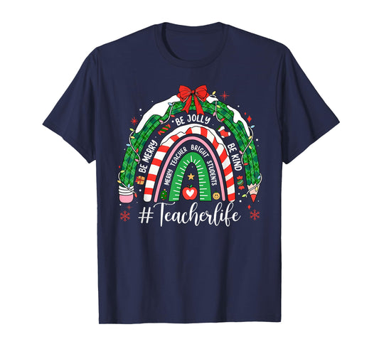 Teacher Life Christmas Rainbow Pencil Student School Xmas T-Shirt