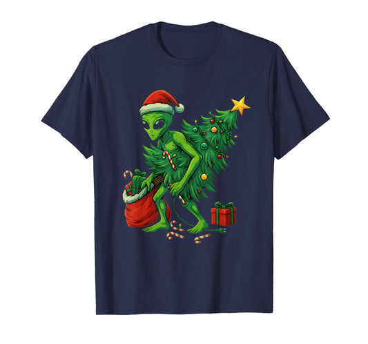 Alien Christmas Tree Lights Xmas Gifts Boys Men T-Shirt