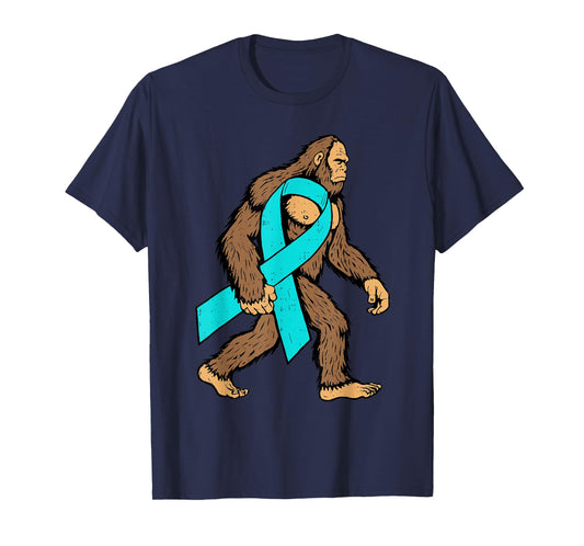 Ovarian Cancer Awareness Bigfoot Ribbon Teal Support Men Boy T-Shirt