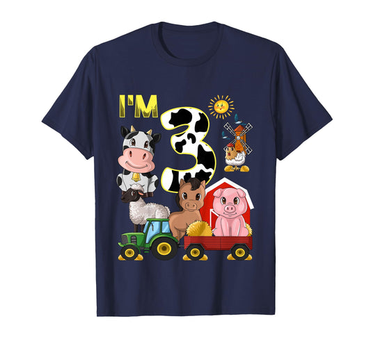 Farm Animals Tractor 3rd Birthday 3 Year Old Birthday Party T-Shirt