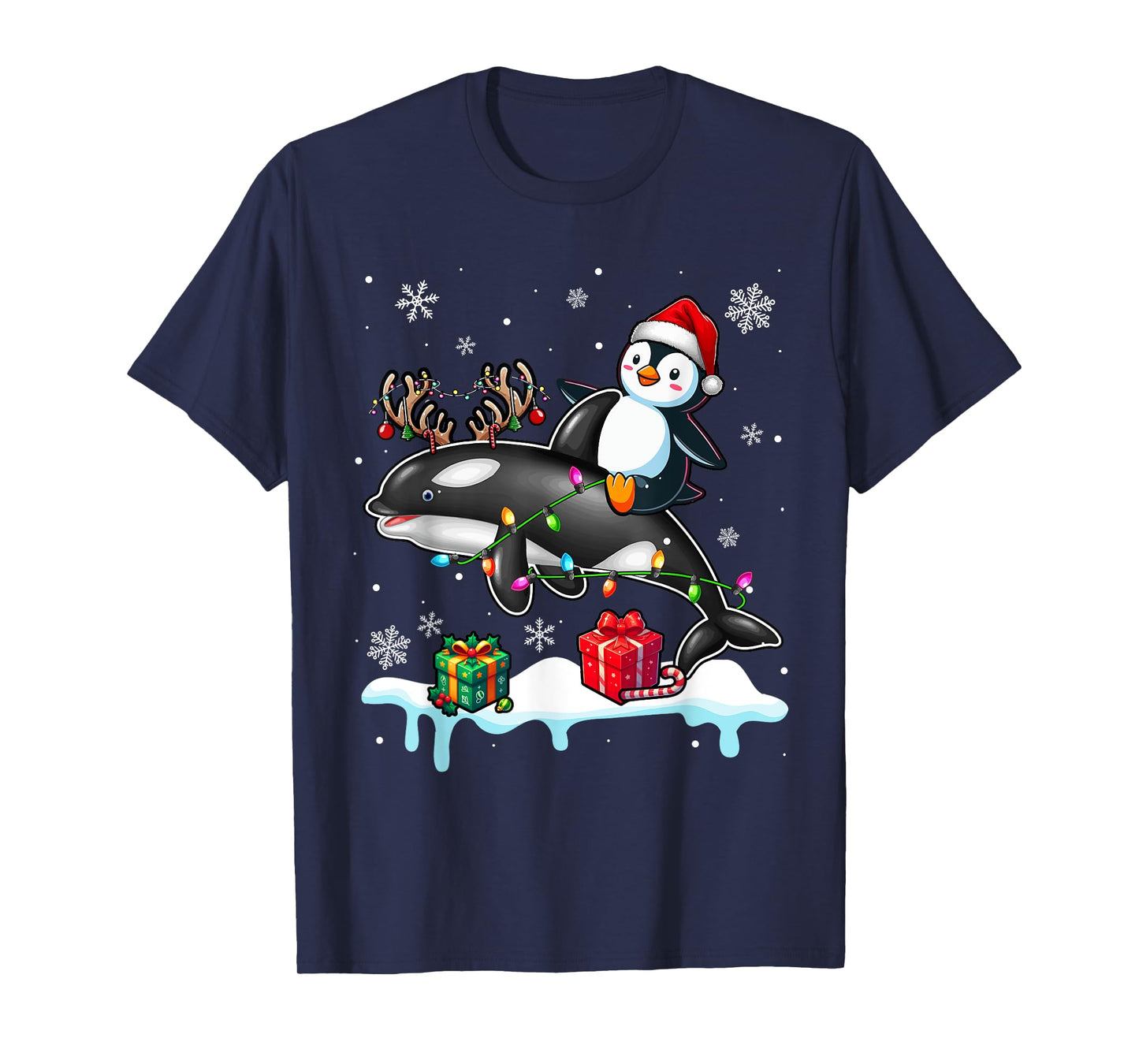 Christmas Santa Penguin Riding Reindeer Orca Lover Kids T-Shirt
