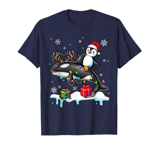 Christmas Santa Penguin Riding Reindeer Orca Lover Kids T-Shirt