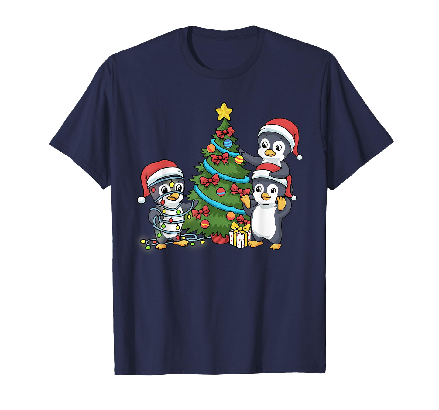 Kids Christmas Penguin Tshirt Christmas Tree Lights Baubles T-Shirt
