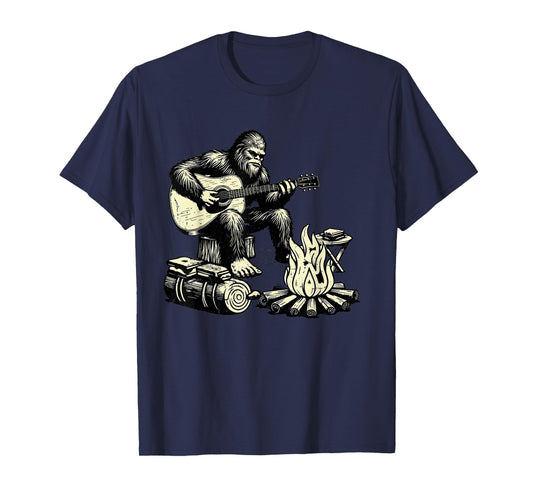 Camping Bigfoot Smore Rock Bigfoot Playing Guitar Campfire T-Shirt